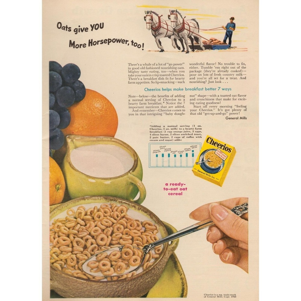 1948 Cheerios Vintage Print Ad General Mills Cereal Breakfast Retro MCM Food